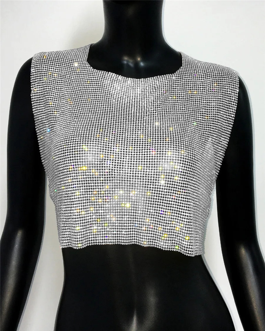Shiny Rhinestone Sequins Crop Top Sexy Backless Round Neck Metal Tank Top For Women Fashion Nightclub Party Camisole 250304