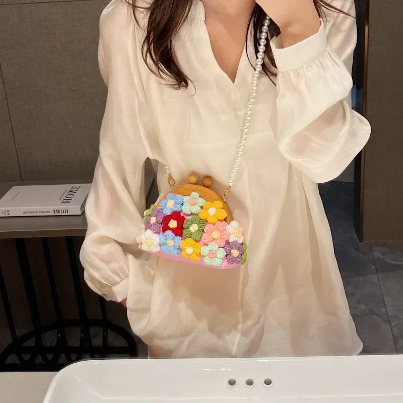 Flower pearl personalized canvas cross body bag with flower shell wood shoulder 2025 selling womens 250227