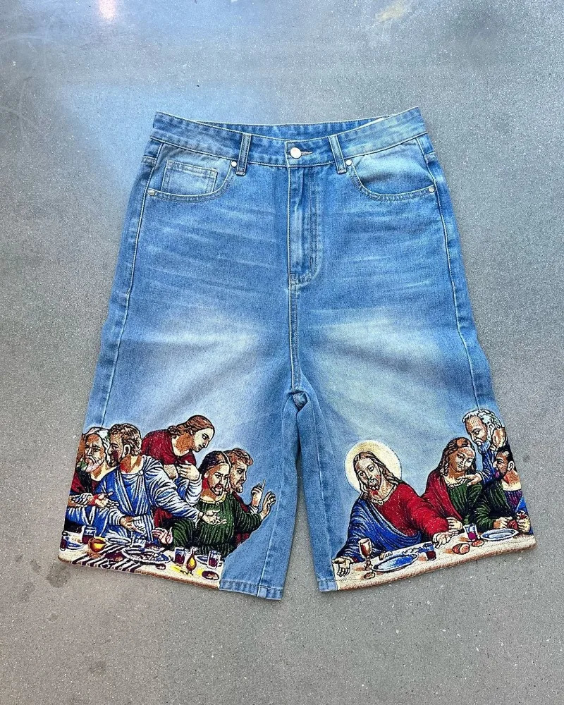 Harajuku retro cartoon print ultra wide long leg pants Gothic wash difficult to wear jeans mens Y2k fashion casual denim shorts womens 250306