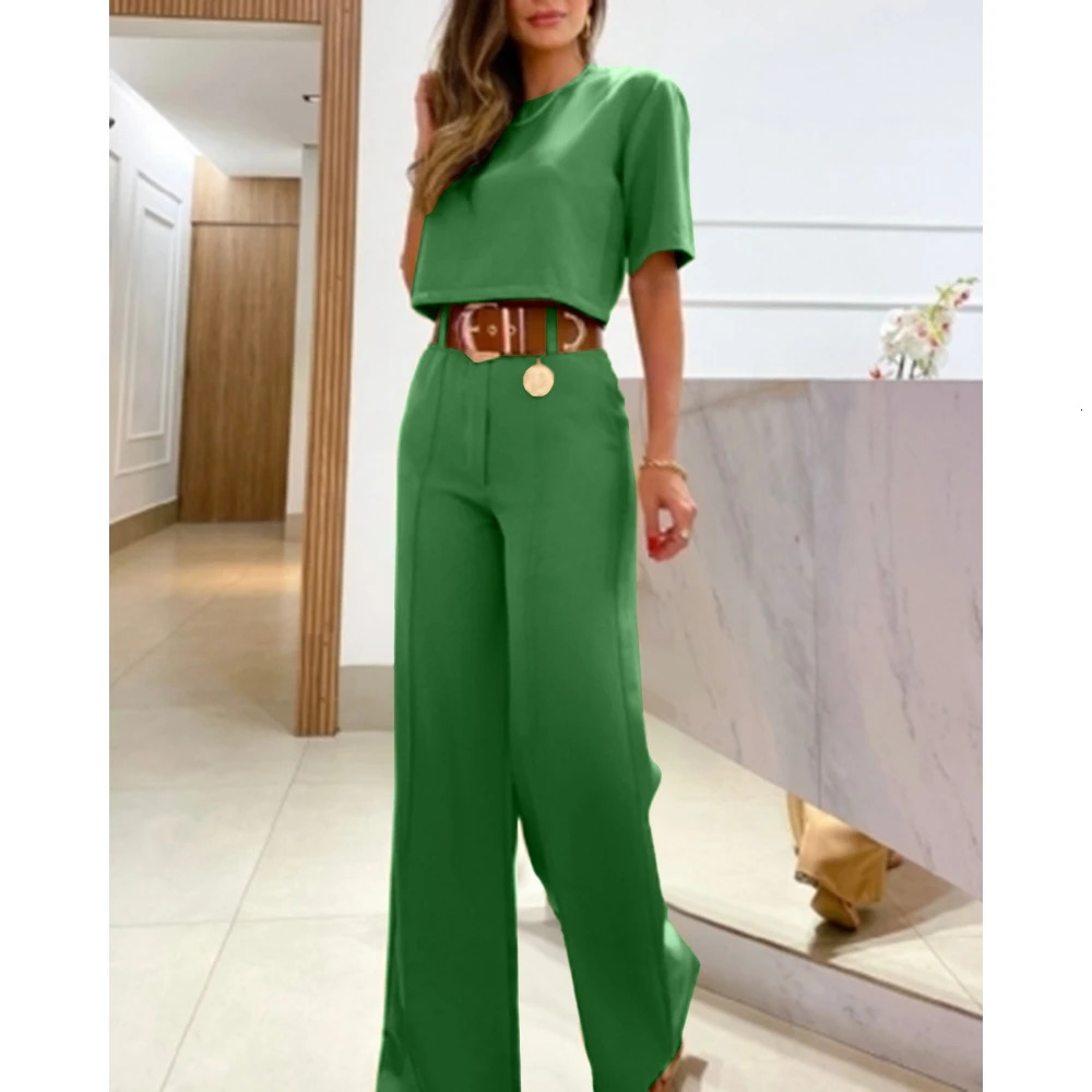 Casual Women Half Sleeve Crop Top Wide Leg Pants Set Summer Femme Office Lady Two Pieces Suit Outfits Korean Style 250225