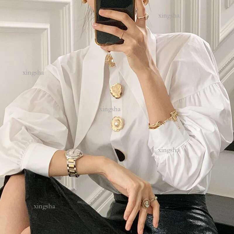 Women's Blouses & Shirts Designer Metal Buttons Spring Blouse Women Lantern Sleeve White Tops Turn Down Collar Korean Top Elegant Offi