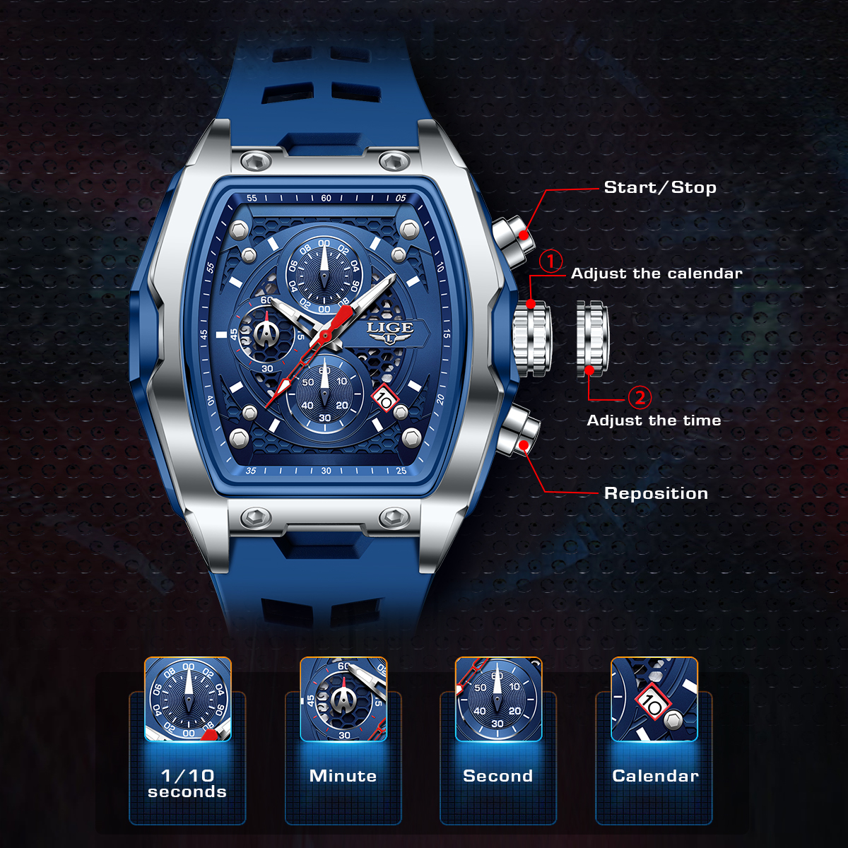 LIGE brand sports style wine barrel men's watch curved mirror hollowed out men's calendar quartz watch multifunctional waterproof watch