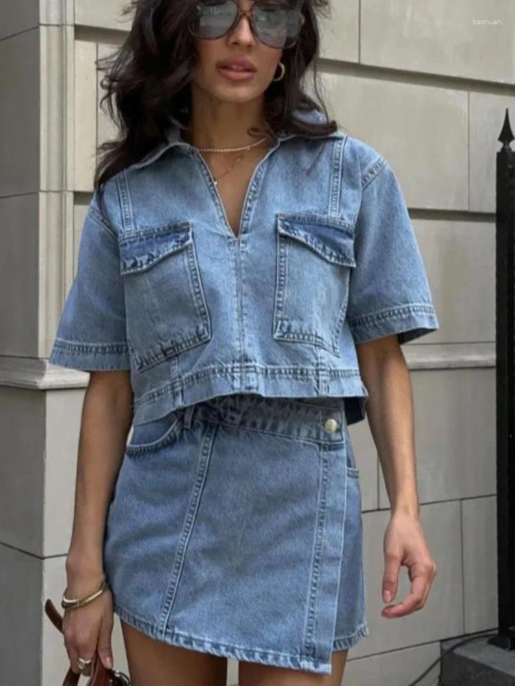Womens Tracksuits Fashion Flip Pocket Decoration Short Collar Slim Fit Denim Top Asymmetric Skirt 2 Piece Set