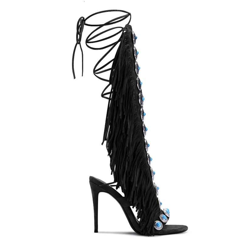Real cow suede leather tassels women sandals peep toe jewel lace up 10cm high heels 250318