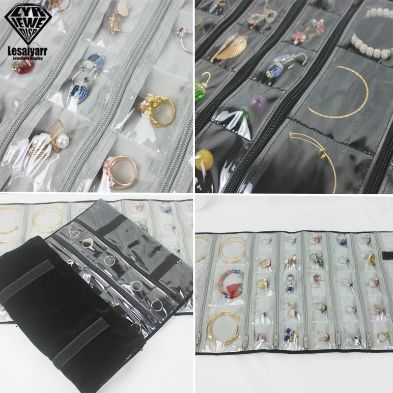 Foldable Black Velvet Zipper Jewelry Roll Bag for Jewellery Ring Earrings Organizer Storage Bag Portable Necklace Display Cases 250306