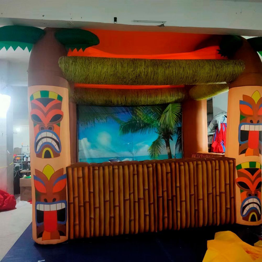 4mLx3mWx3.5mH (13.2x10x11.5ft) with blower Inflatable Tiki Bar Concession and Beverage stall with Three Windows and Tahiti Backdrop for Summer Holiday