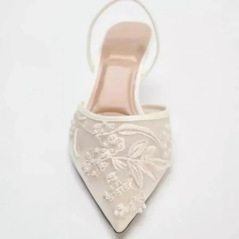 Mesh Embroidered Sandals Women String Bead Thin Heels Mules Shoes Pointed Toe Slingback Slippers Women Womens Shoes 250304