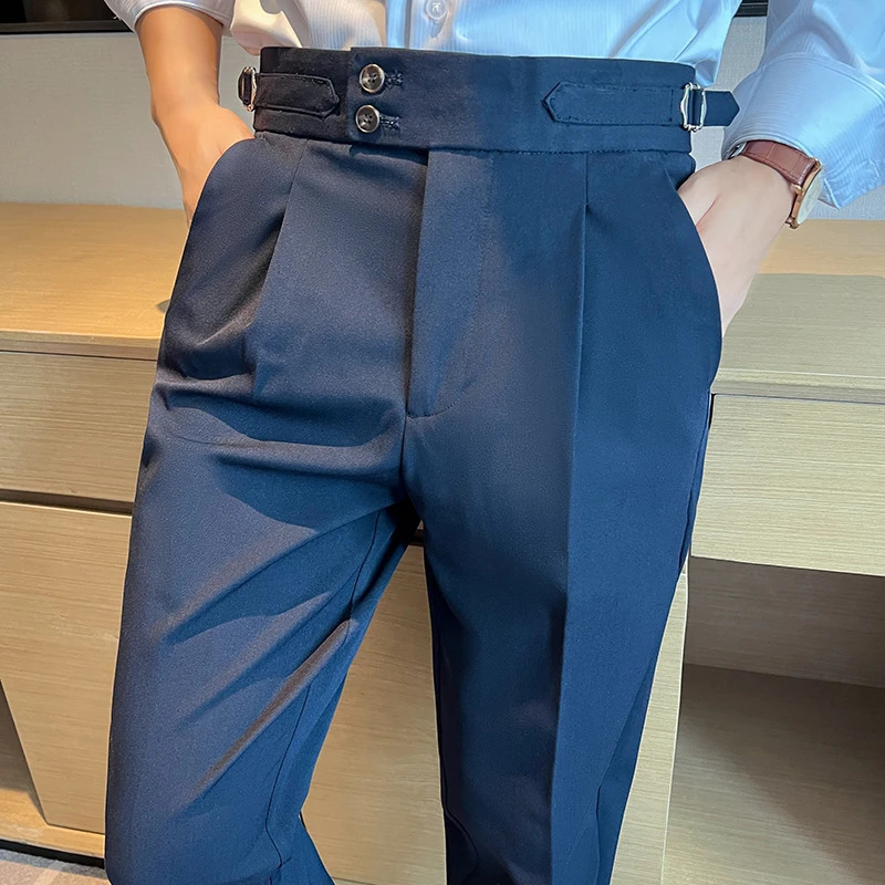 High Quality Neapolitan Mens Suit Pants Slim Fit Casual Trousers Blue Vintage High Waist Dress Pants Men pantalon Homme Luxe 250306