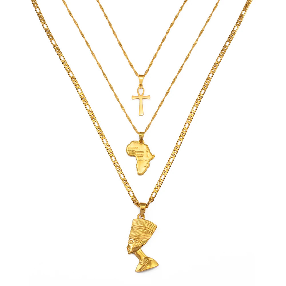Anniyo 3pcs Necklaces Together Ankh Nefertiti Africa Map Pendant Gold/Silver Color Birthday Party Ethnic Jewelry Women #2406 250227