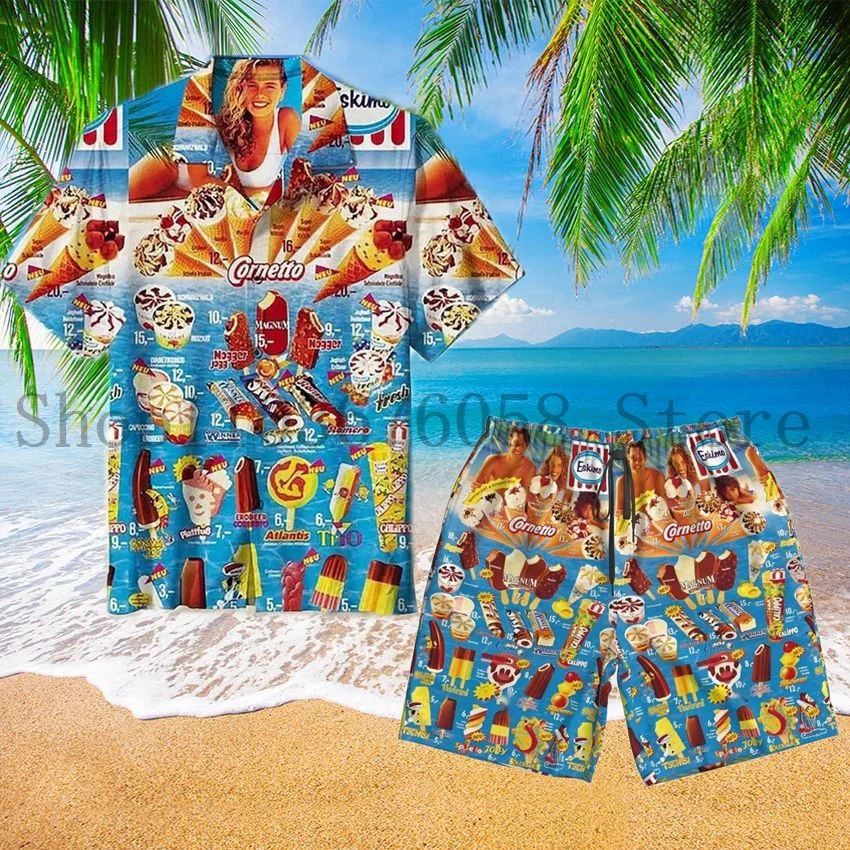 Trendy Cool Fashion Ice Cream Shirts Set Men 3D Print ShirtShorts Two Piece Sets Hawaii Beach Shirt Unisex Clothing 250306