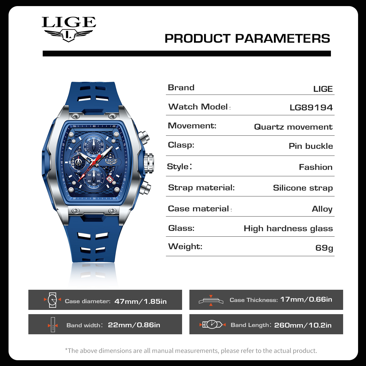 LIGE brand sports style wine barrel men's watch curved mirror hollowed out men's calendar quartz watch multifunctional waterproof watch