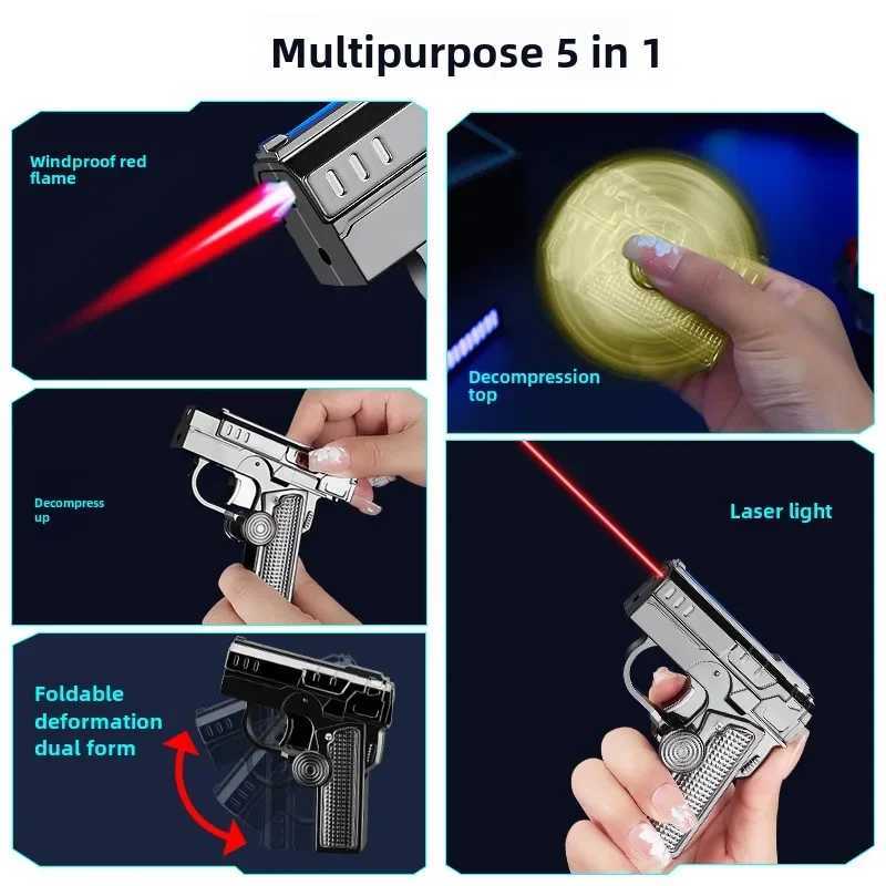 Multi-function Folding Dual Form Decompression Gyro Gun Lighter Gift Box Creative Deformation Windproof Pistol LighterC250312