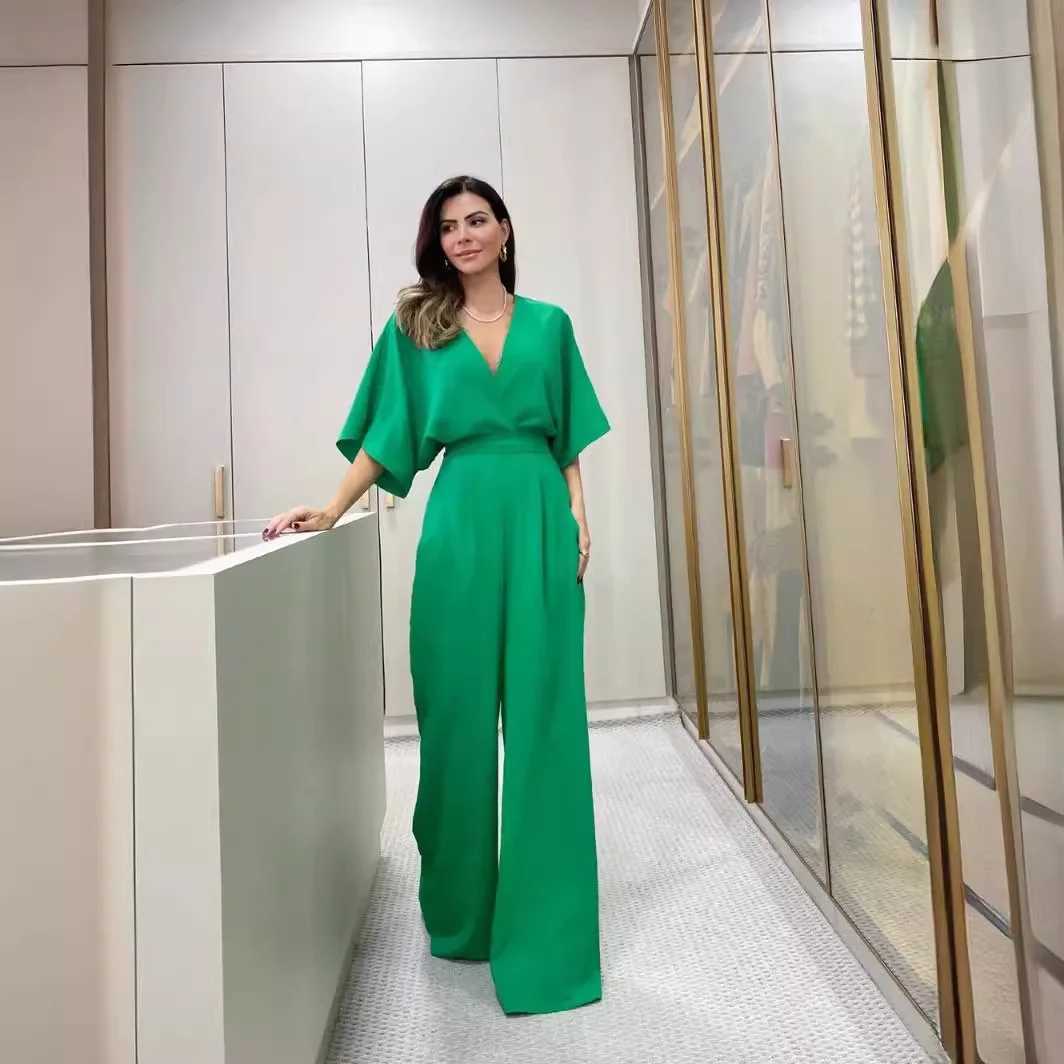 Jumpsuits Women Rompers Wide Leg Pants V Neck One Piece Spliced Full Length Short All Solid Sashes High Street LooseXJ250307