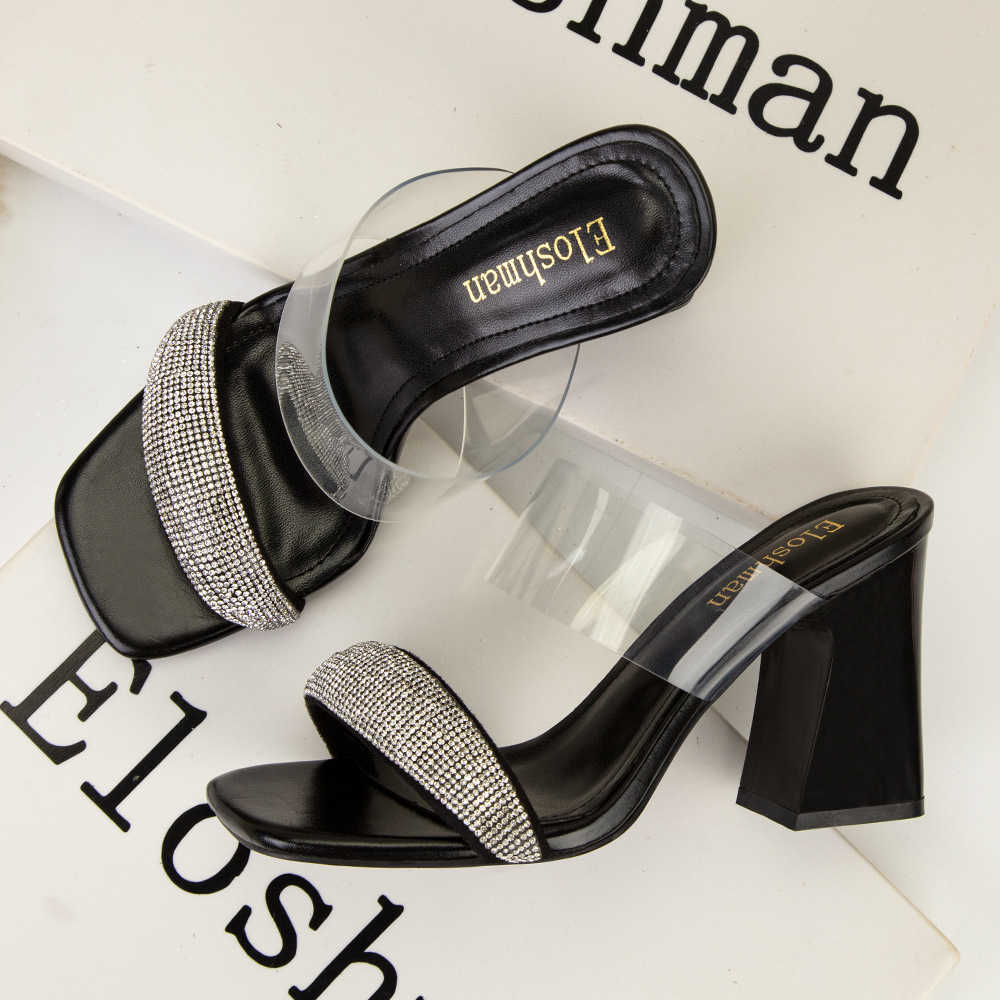 Red soled shoes, slippers, sandals, sports shoes, boots banquet one-piece square rhinestones exposed toes outside