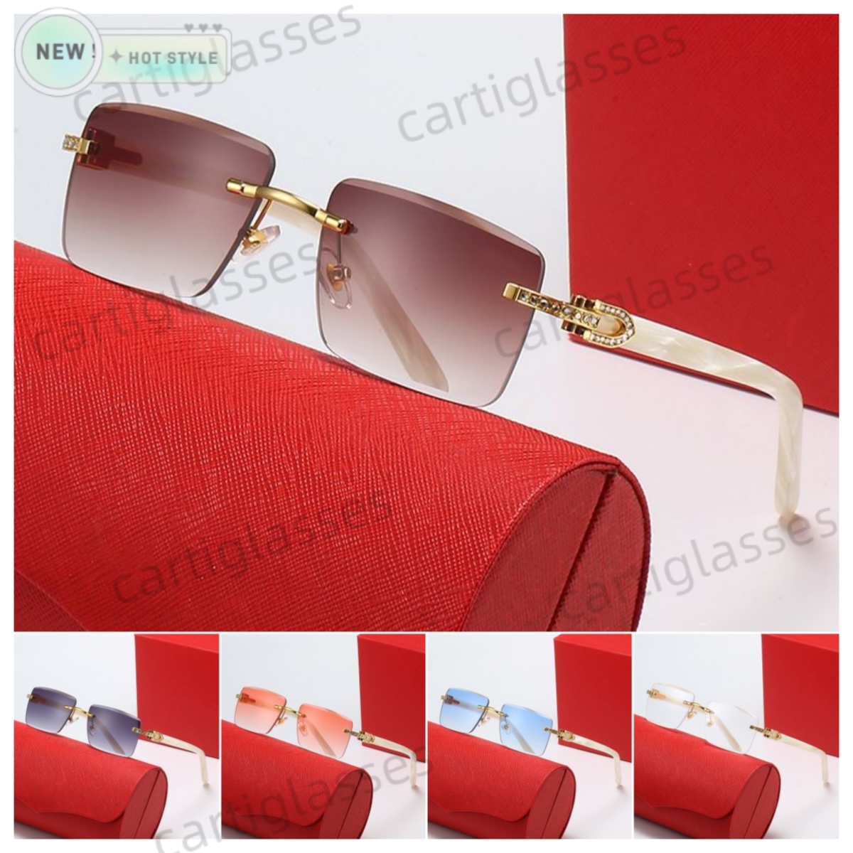 Latest Fashion Mens Designer Sunglasses Woman Eyewear Wooden Buff Temples Diamond Rimless Rectangle Sun glasses Leisure Sunshade Anti ultraviolet Eyeglasses