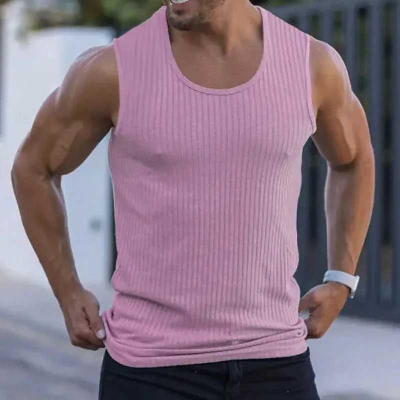 2024 Summer men sleeveless wide shoulder knitted striped muscle Fitness sports casual slim-fit back heart hipster manT250318