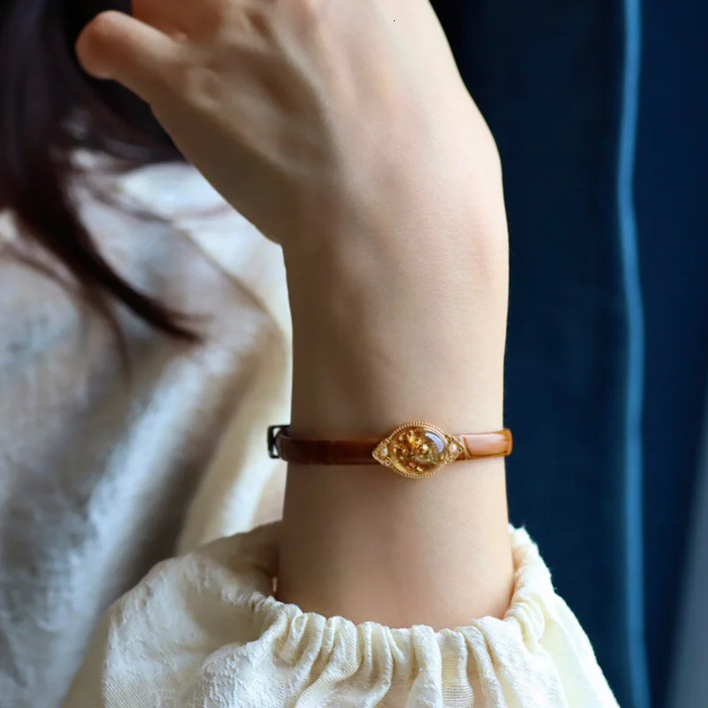 100% Natural Amber Bracelet Sterling 925 Silver Leather Bangle Yellow Gold Gemstone 10*12mm for Women Party Jewelry Gift 250303