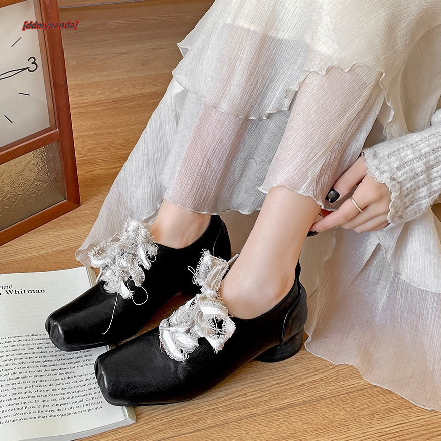 Brown ballet thick heel small leather for women 2025 new spring and autumn French style dress Mary Jane single shoes #ddmypanda