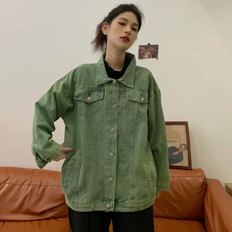 2025 Korea Green Wash Denim Jacket Womens Harajuku Loose Jeans Street Fashion Button 250226