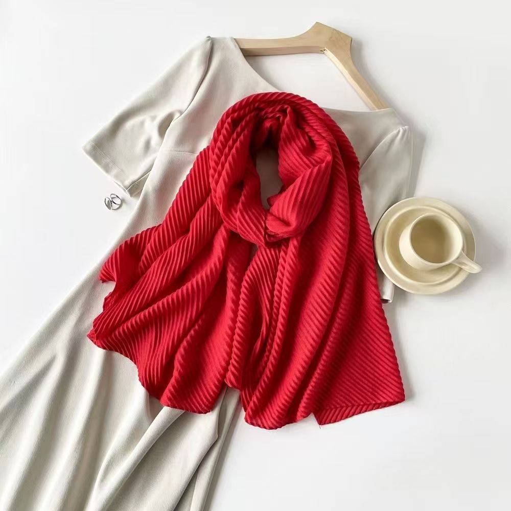 T239 Spring and Summer new pure color cotton and linen feel long silk scarf female wrinkled simple scarf headscarf