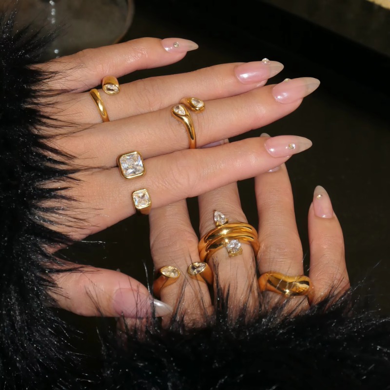 NEW BOHO SUPER SHINE BEAUTY WAVE SNAKE ZIRCON RING New INS 18k PVD Gold Plated Stainless Steel Valentine Day Gift Set