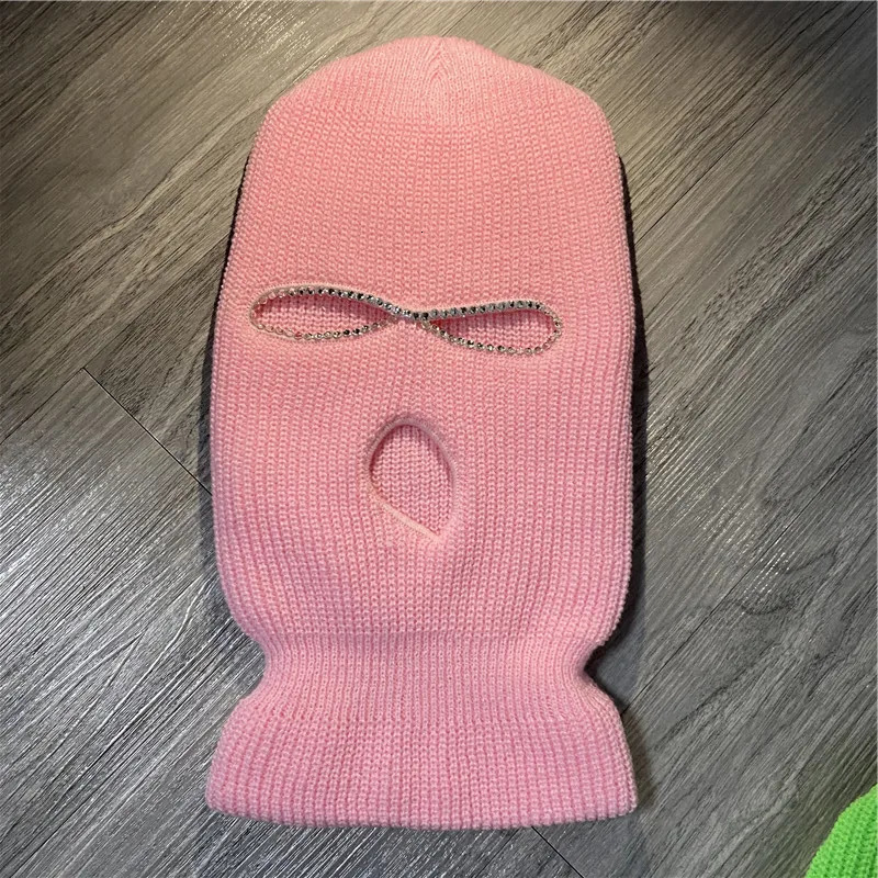 Shining Diamond Balaclava Face Mask Women Pink Sport Knitted Fleece Ski Mask for Women Three Hole Hat Shiny Rhinestone 250306