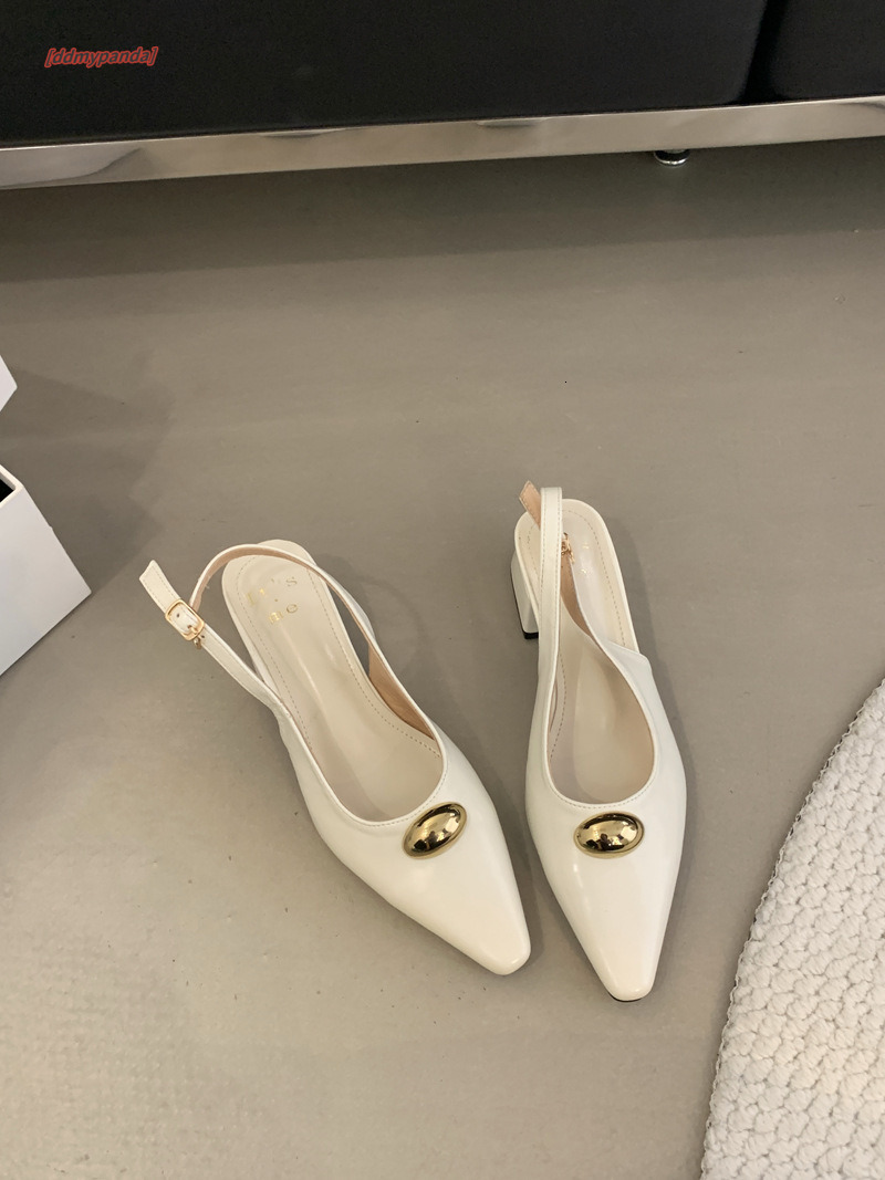 Coarse heeled sandals for women's spring/summer 2025 new item with pointed shallow mouth metal buckle and empty back Mary Jane temperament single