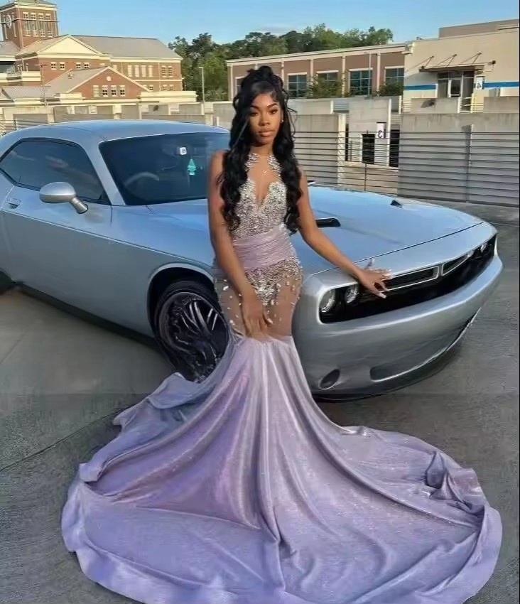 Purple O Neck Sequined Mermaid Prom Dresses 2025 For Black Girls Crystal Dia Birthday Gowns Long Party Outfits Customized