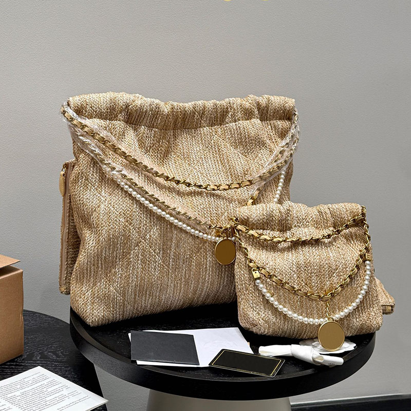Knitting Straw Women Designer 22 Garbage Bag Shopping Tote Pearl Chain Gold Metal Letters Decoration Coin Charm Matelasse Chain Shoulder Bags with Purse 20/30cm
