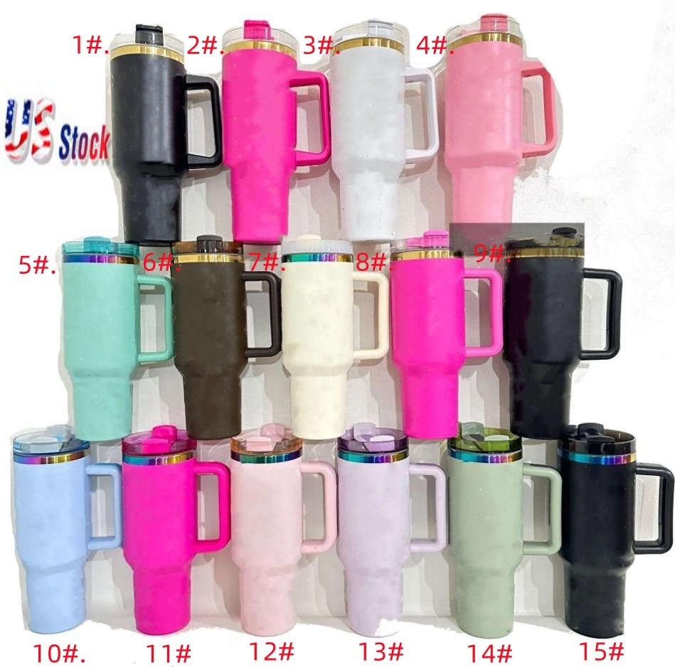 USA Local Warehouse 40OZ Designer Letter Cups Stainless Steel Tumblers With Hanlde Lids and Straw Purple Stars Pink Rose Floral Travel Car Mugs In Bro