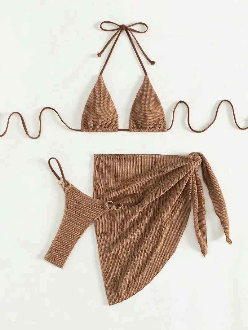 Sexy Brown Bikini Set Women Halter Push Up Bra Skirt 3 Piece Swimsuit Summer Bathing Suit Cover Thong Swimwear Biquini 250306