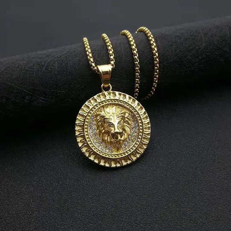 Stainless Steel Vintage Round Lions Head Fire Hip Hop Pendant Collar Chains Necklace for Men Women Gift Jewelry 250227