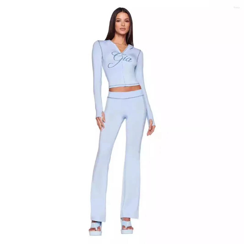 Women's Pants Front Shoulder Slim Fit Letter Printed Open Thread Design Hooded Zipper Short Jacket Set