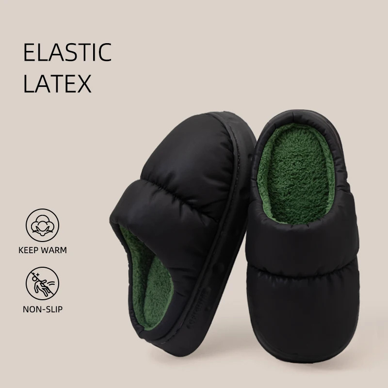 Feslishoet Winter Indoor Slippers Women Plush Keep Warm Flat Home Soft Comfort Slides Men PU Leather Waterproof Fashion Shoes 250306