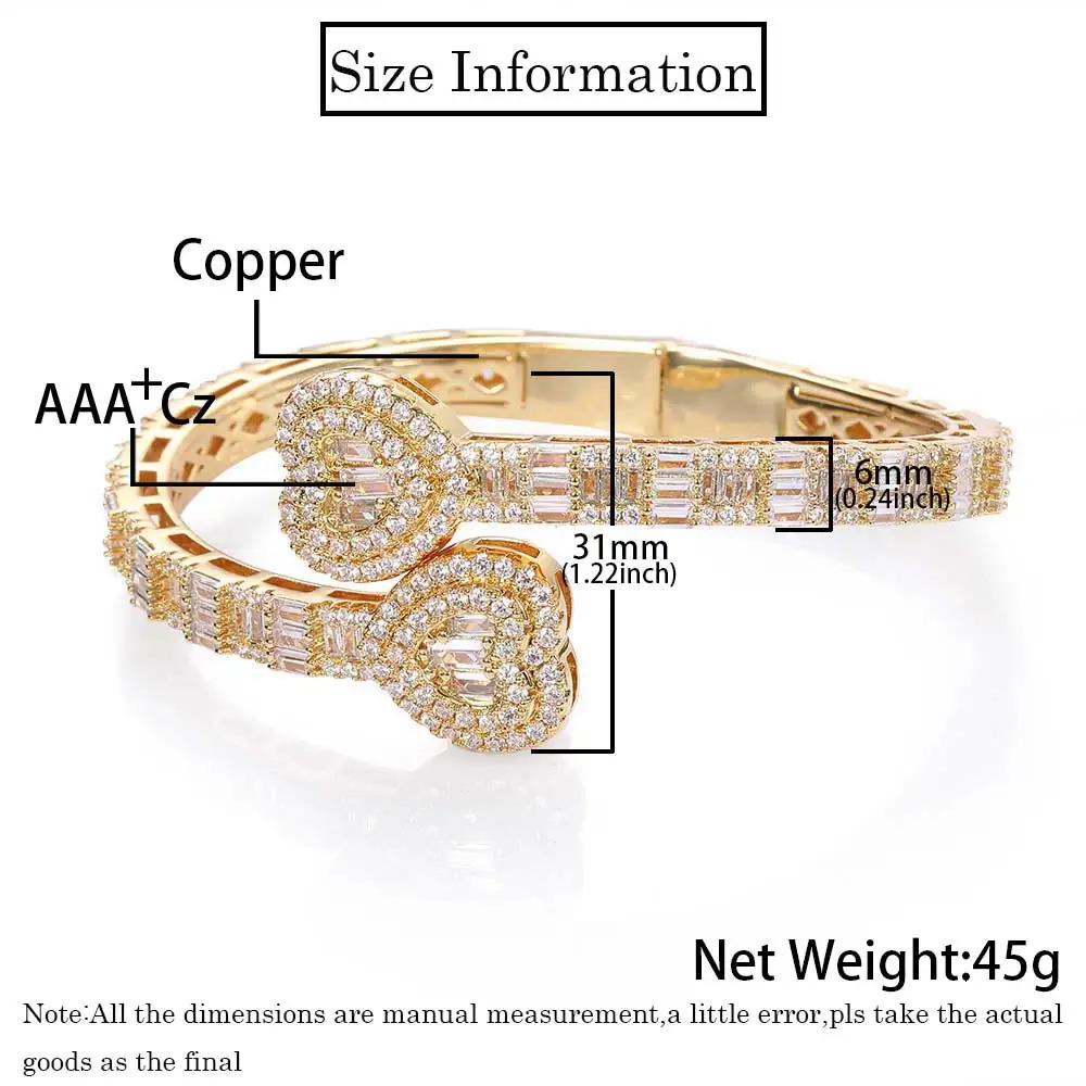 Fashion Hip Hop Jewelry Full Iced Out Heart Baguette CZ Bangle Bracelet Bling Diamond Couple Bracelet 18K Gold Plated 250303