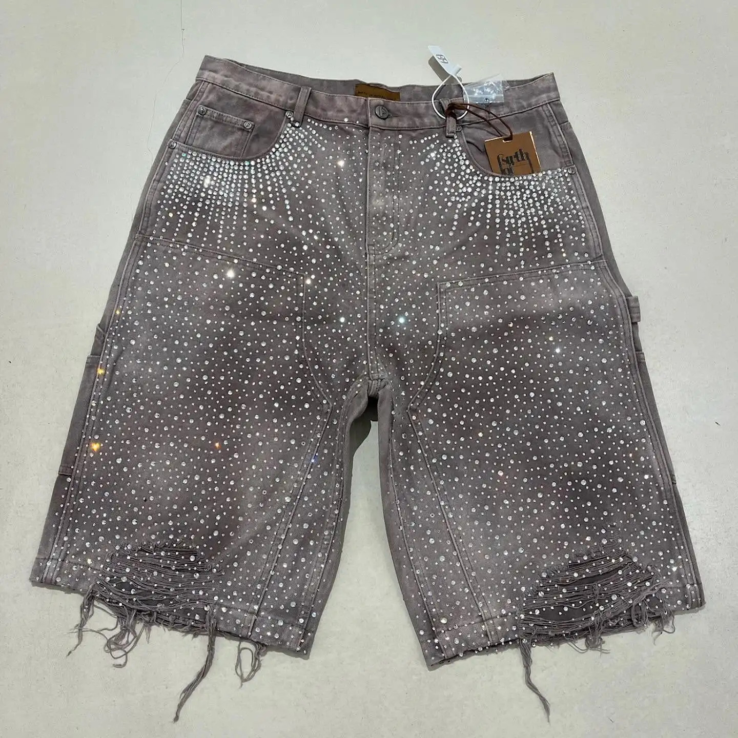 Streetwear Mens Vintage Rhinestone Sequin Denim Shorts Y2K Jeans Hip Hop Baggy Denim Gym Shorts Casual Shorts 250306