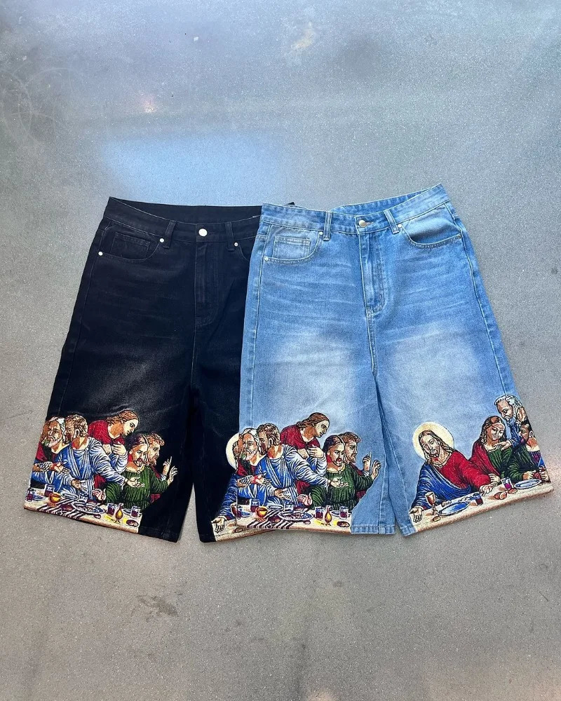 Harajuku retro cartoon print ultra wide long leg pants Gothic wash difficult to wear jeans mens Y2k fashion casual denim shorts womens 250306