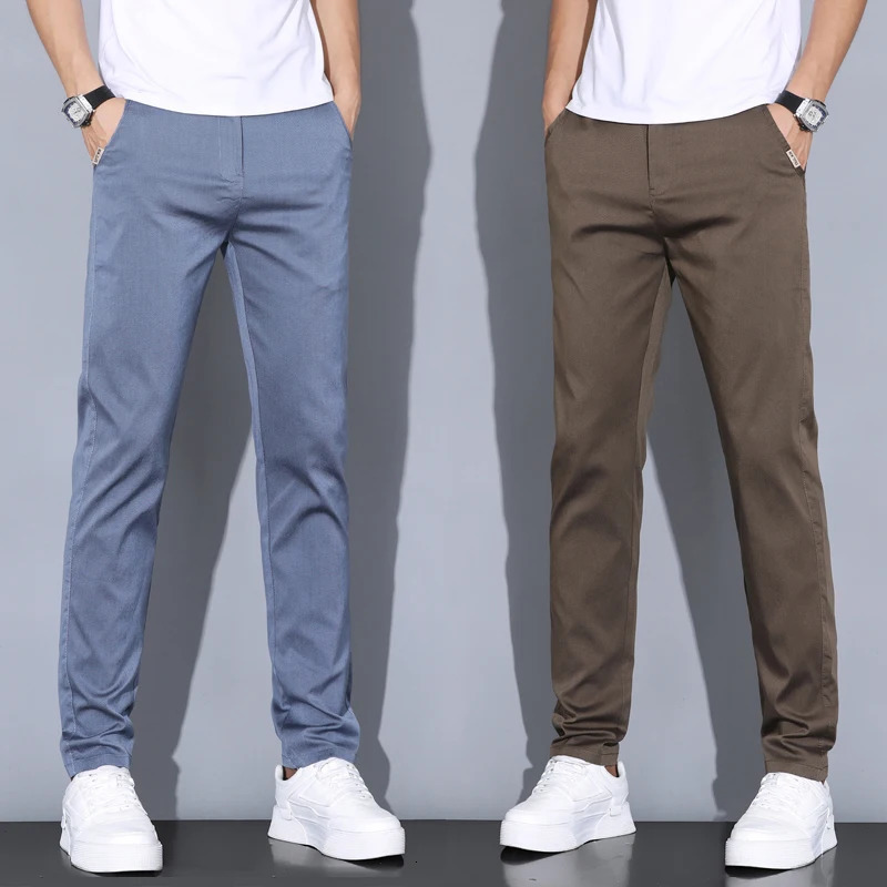 2024 Summer Thin Men Straight Casual Mens Pants Slim Stretch Elastic Waist Male Trousers Solid Color Clothing Coffee 250305Z