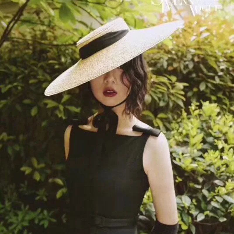 Summer Big Natural Straw Hats For Women Handmand Wide Brim Beach Visor Caps Elegant Flat Top Long Ribbon Lace-Up Sun Hat250305