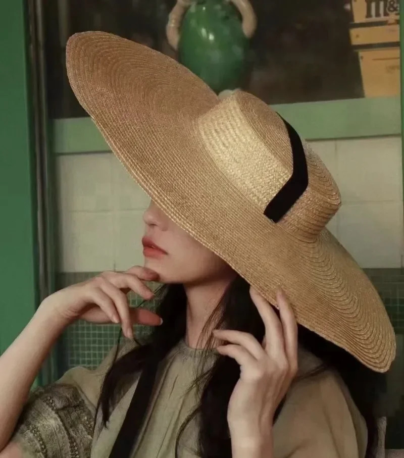 Summer Big Natural Wheat Straw Hats Womens Big Brim Flat Top Visor Sun Hats Fashion Handmad Long Ribbon Lace-Up Beach Hat 250306