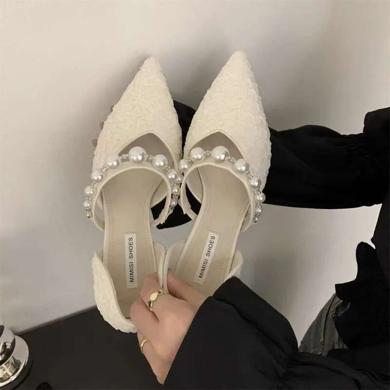 High 2025 Black Heels New Pumps Stiletto Pointed Toe Pearl Anklets High-end Fashionable Comfortable Women's Shoes -end