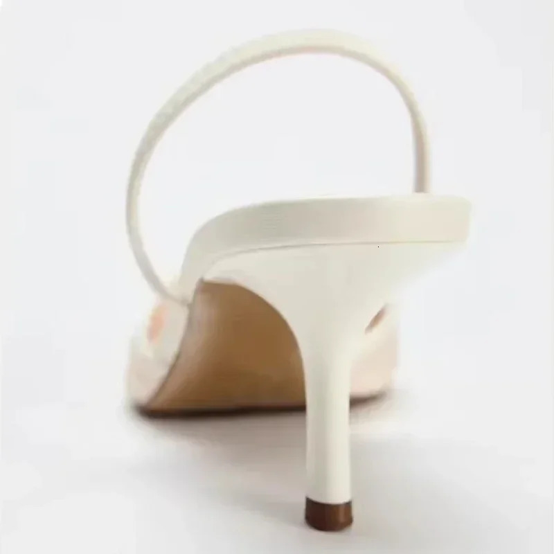 Mesh Embroidered Sandals Women String Bead Thin Heels Mules Shoes Pointed Toe Slingback Slippers Women Womens Shoes 250304