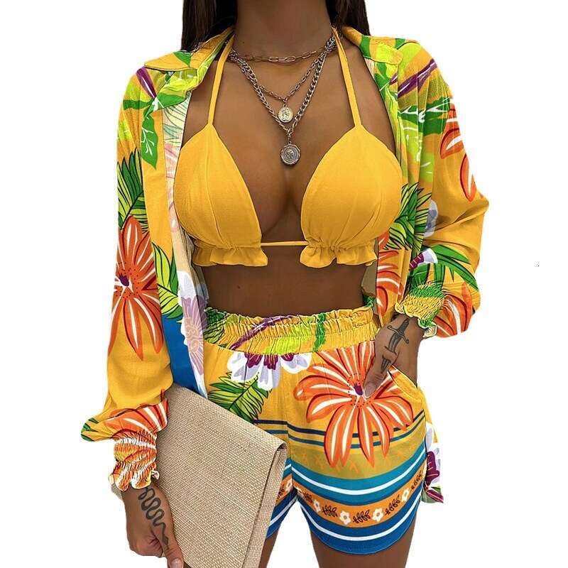 2024 New Sexy Three Piece Autumn Beach Fashion Shorts Set For Women's Clothing KLMY
