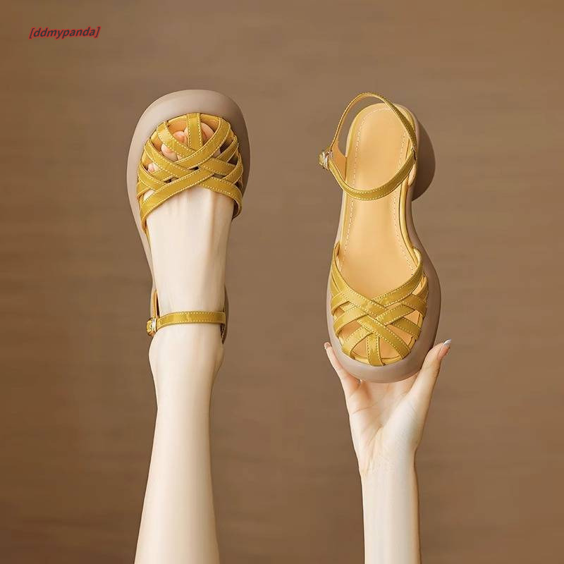 Non tiring feet, genuine leather soled toe, Roman sandals, women's summer woven hollow pig cage shoes, thick heels, high heels #ddmypanda
