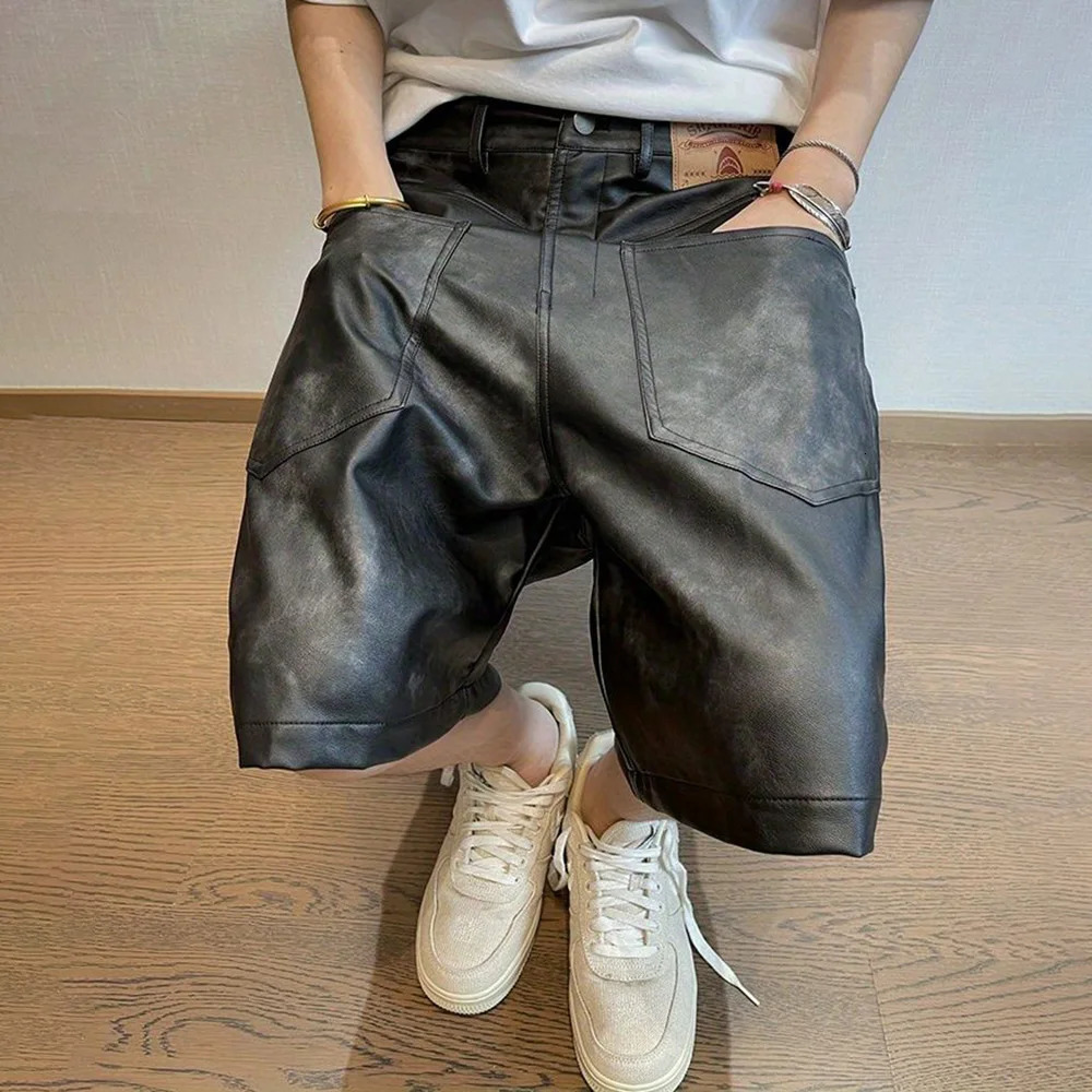 Mens Clothing Y2k Hip-Hop Shorts Summer Fashion Retro Versatile Faded Old Solid Color Pu Leather Reverse Wear Five-Point Shorts 250306