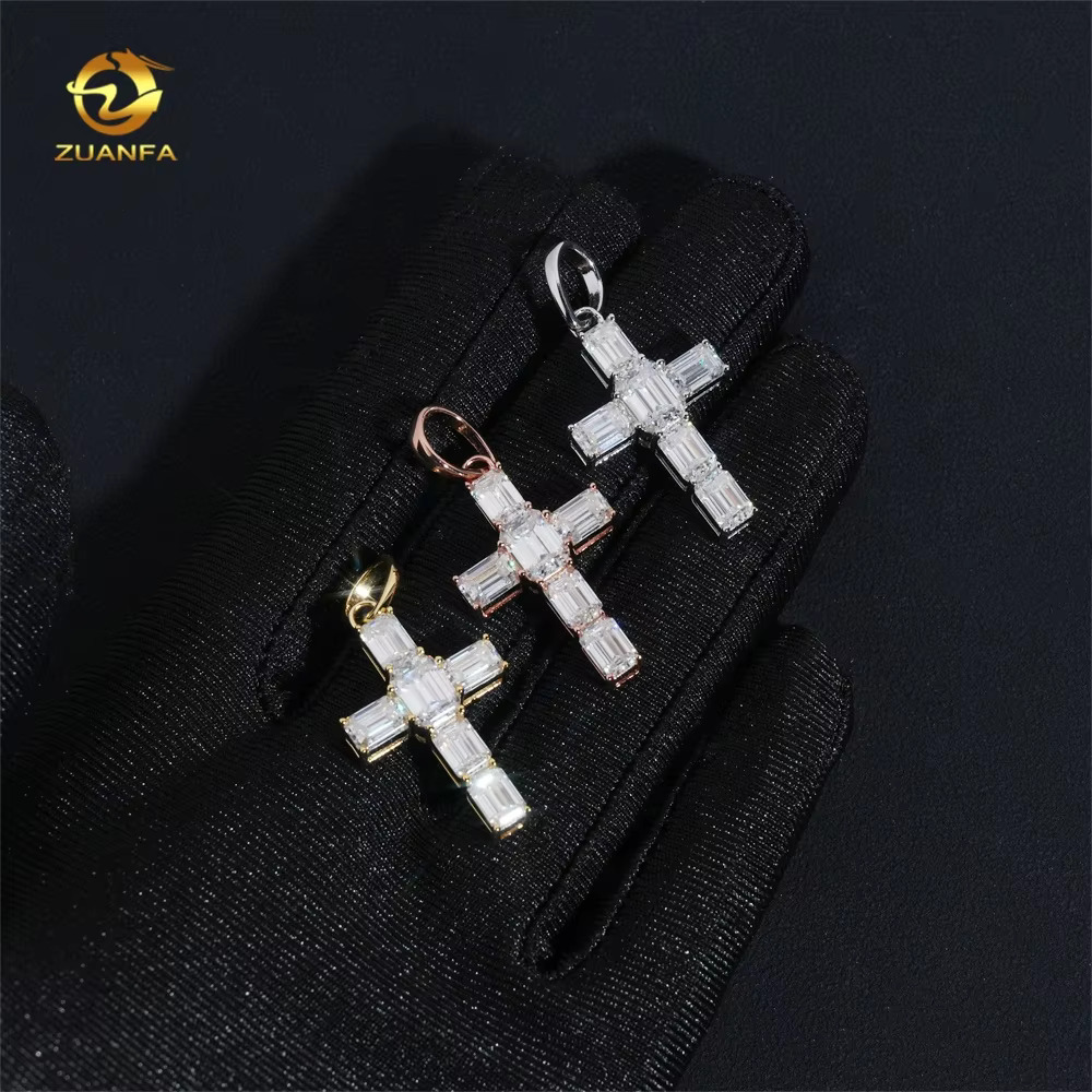 New Arrivals Emerald Cut Hip Hop Style 925 Sterling Silver Tennis Cross VVS Moissanite Pendants