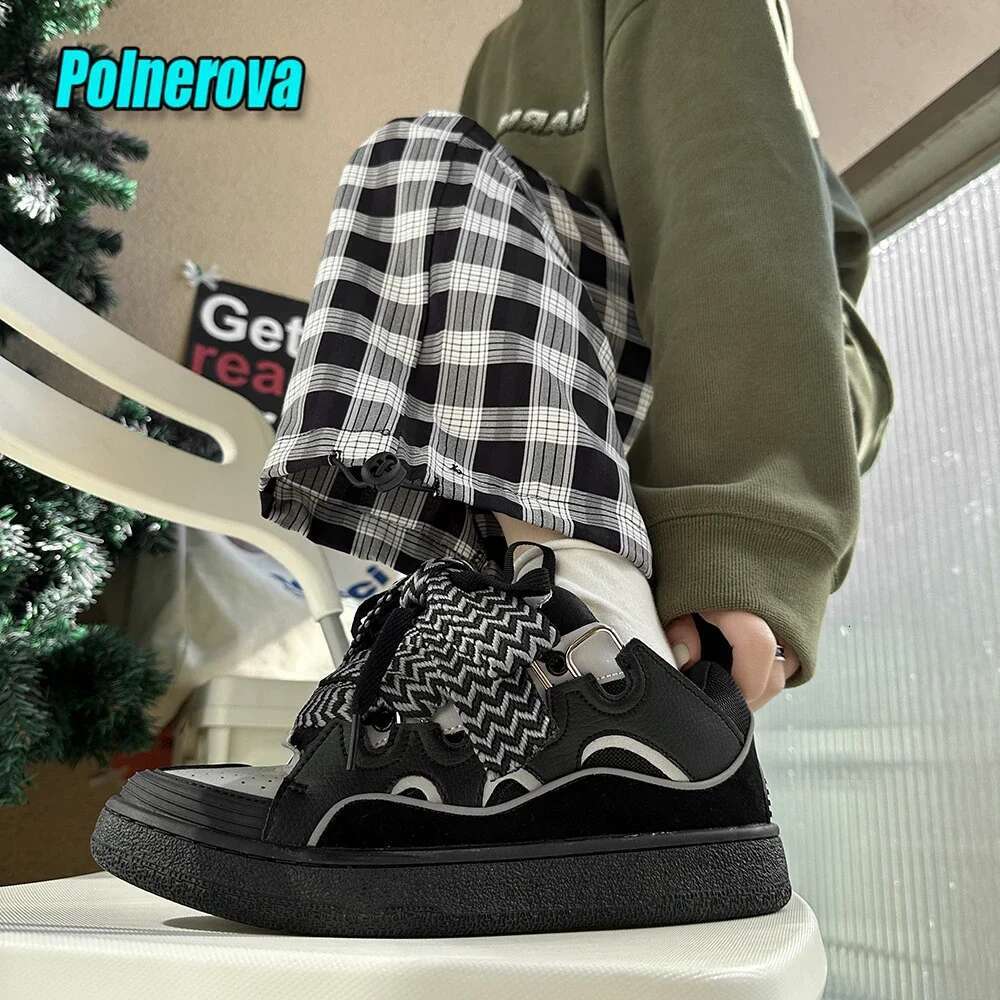 Black White Mixed Colors Couple Casual Sneakers Novelly Reflective Thick Sole Lace-Up Walking Breathable Women Men Shoes