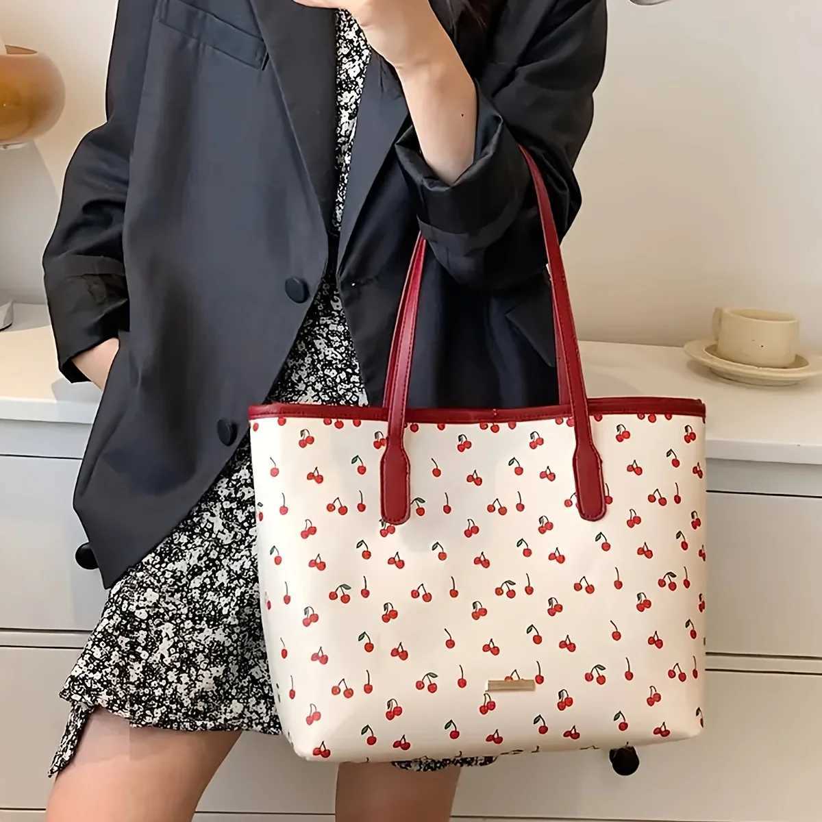 Chic Cherry Print PU For Women Fashionable Shoulder Bag Large Capacity Commuter Handbag 3-7 days deliveryC250312