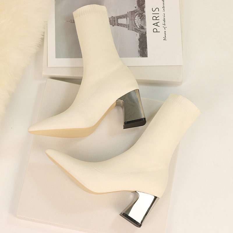 autumn and winter new net red sexy socks knitted boots thick heel short boots high top pointed boots women230414