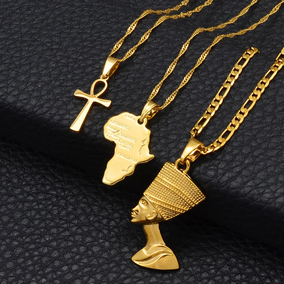 Anniyo 3pcs Necklaces Together Ankh Nefertiti Africa Map Pendant Gold/Silver Color Birthday Party Ethnic Jewelry Women #2406 250227